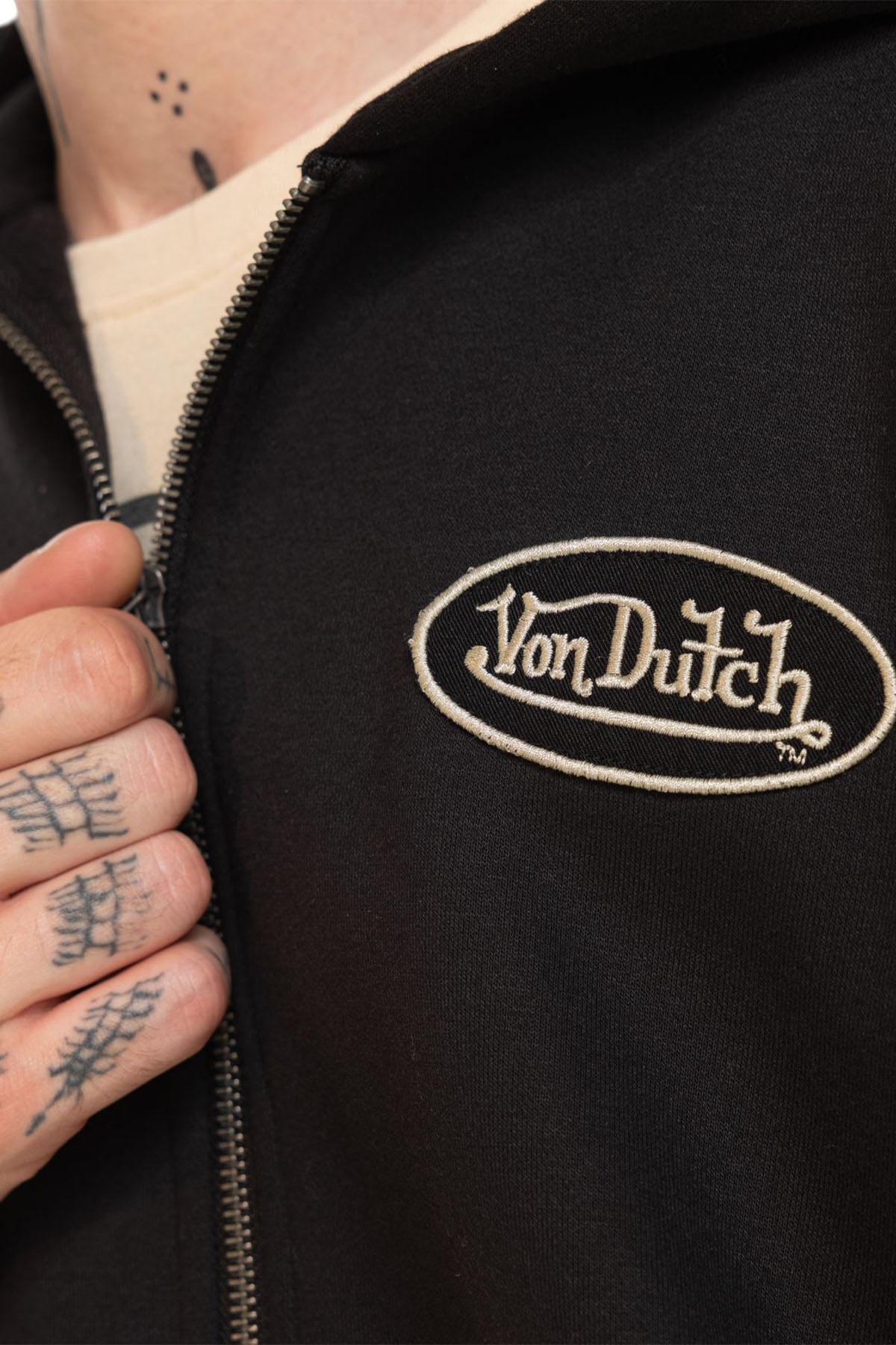 Black fleece zip-up hoodie with badge and embroidery - Image n°3