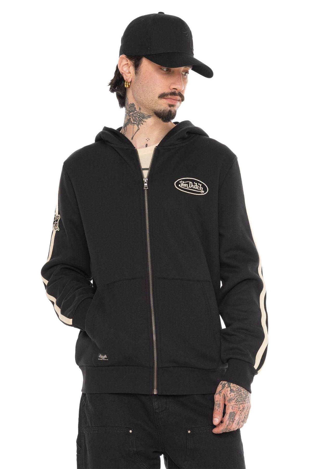 Black fleece zip-up hoodie with badge and embroidery - Image n°1