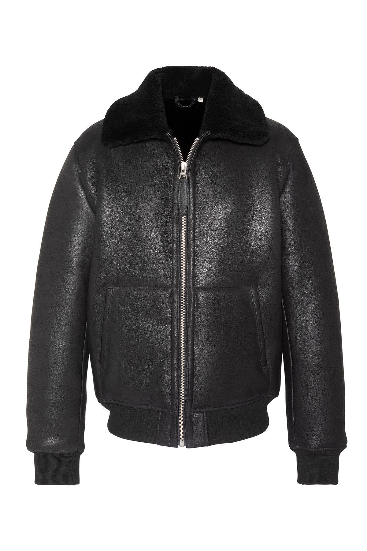 Black pilot-style bomber jacket in shearling - Image n°1