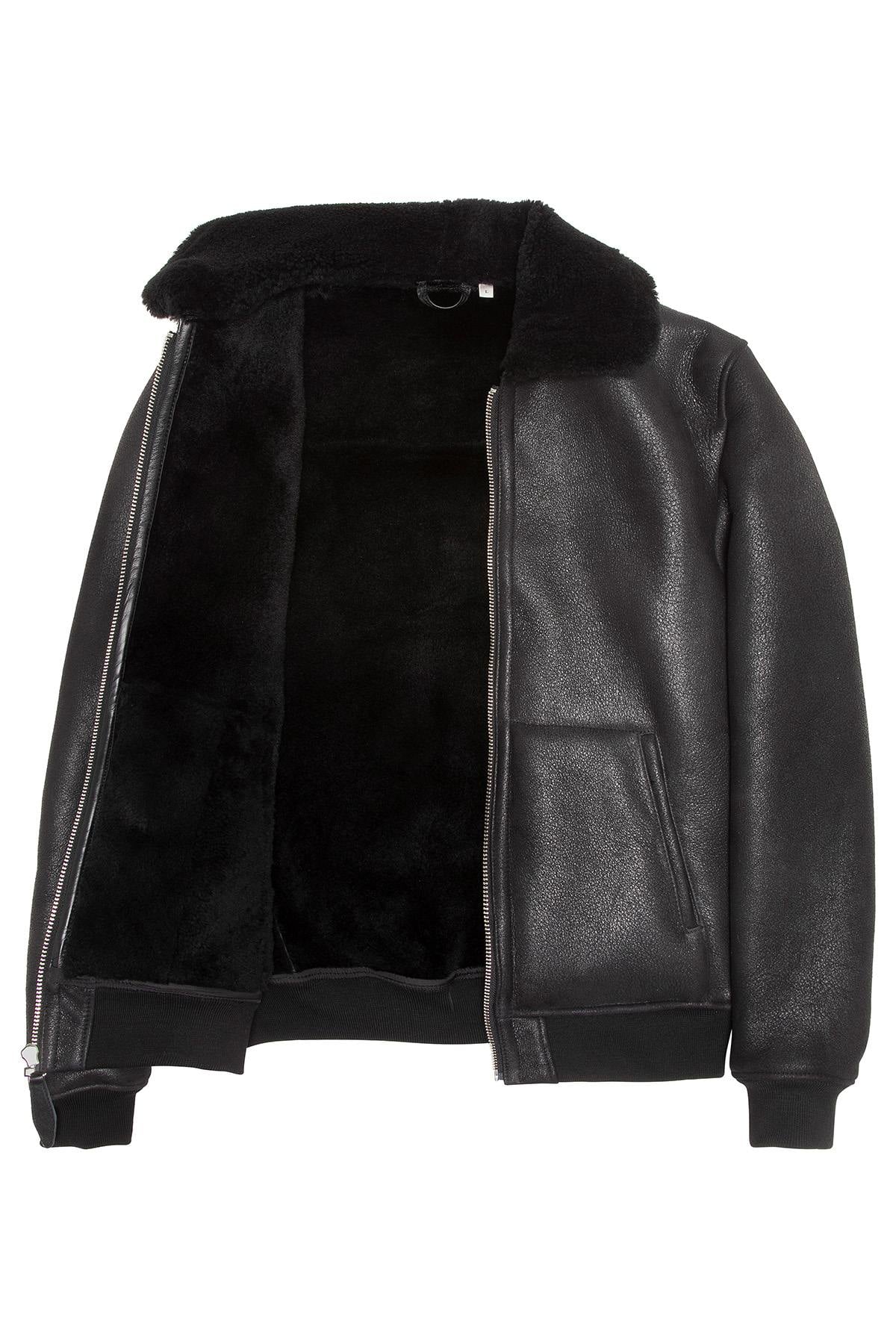 Black pilot-style bomber jacket in shearling - Image n°3