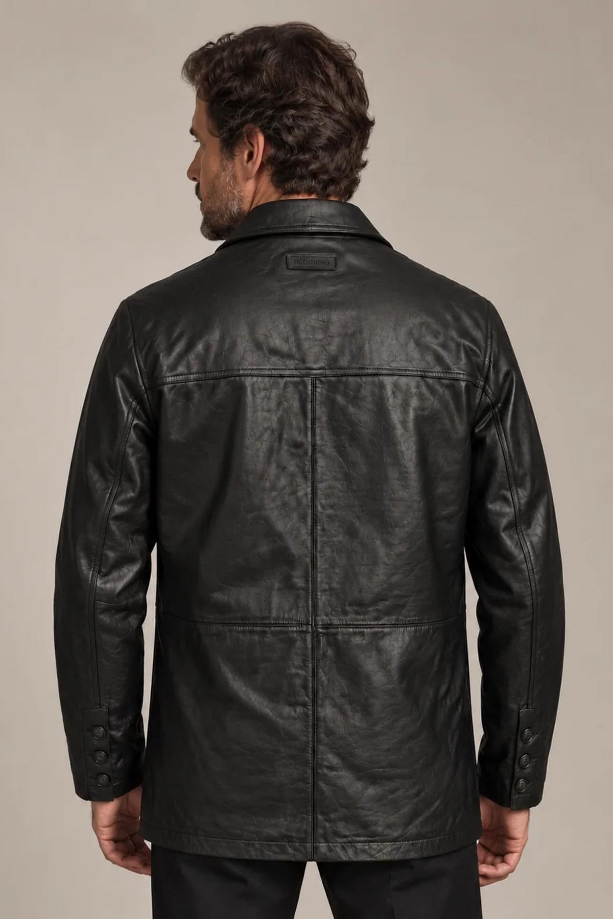 Black buttoned mid-length leather jacket - Image n°2