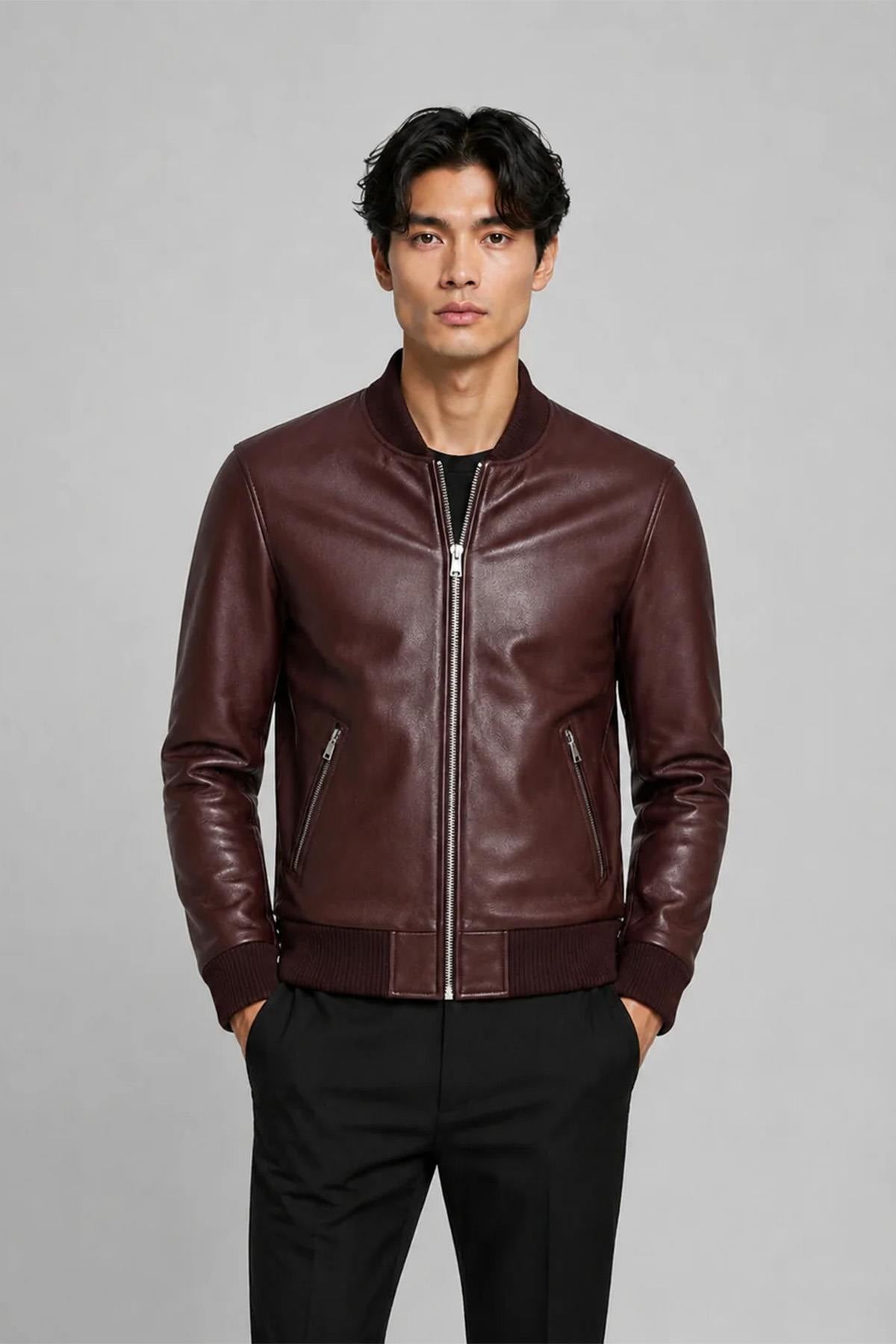 Burgundy sheepskin leather jacket with 100% cotton lining - Image n°1