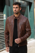 Mocca-colored leather jacket with biker collar - Image n°4