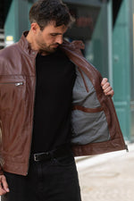 Mocca-colored leather jacket with biker collar - Image n°8