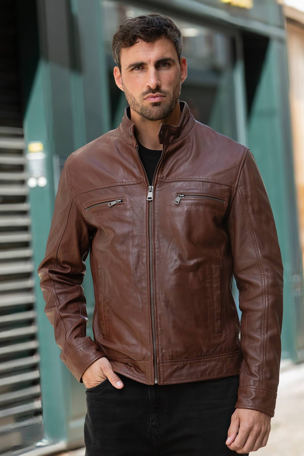 Mocca-colored leather jacket with biker collar - Image n°7
