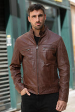 Mocca-colored leather jacket with biker collar - Image n°7