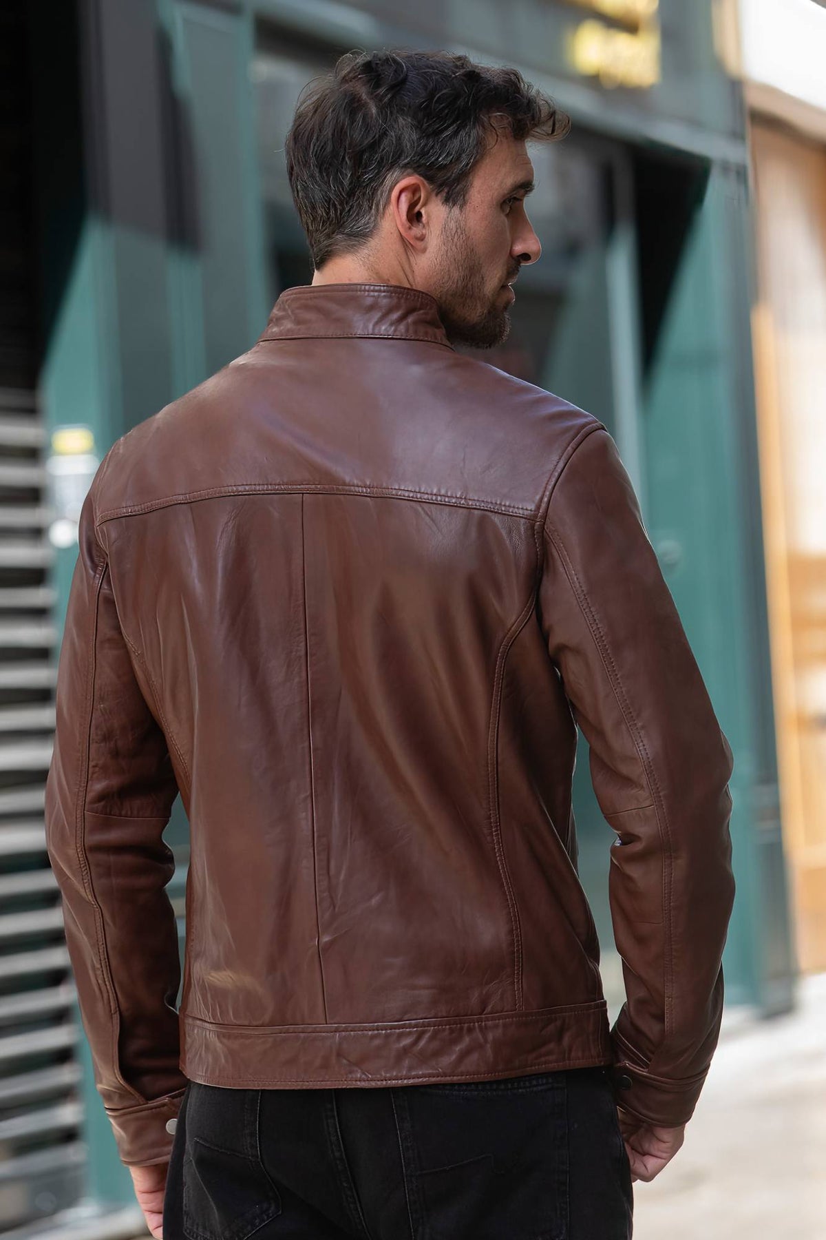 Mocca-colored leather jacket with biker collar - Image n°3