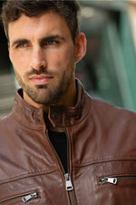 Mocca-colored leather jacket with biker collar - Image n°2