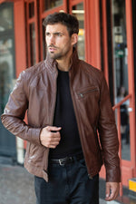 Mocca stand-up collar leather jacket - Image n°7