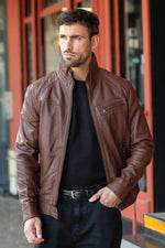 Mocca stand-up collar leather jacket - Image n°1