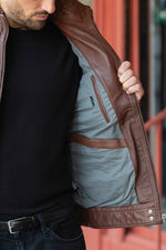 Mocca stand-up collar leather jacket - Image n°8