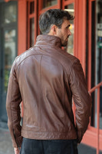Mocca stand-up collar leather jacket - Image n°2
