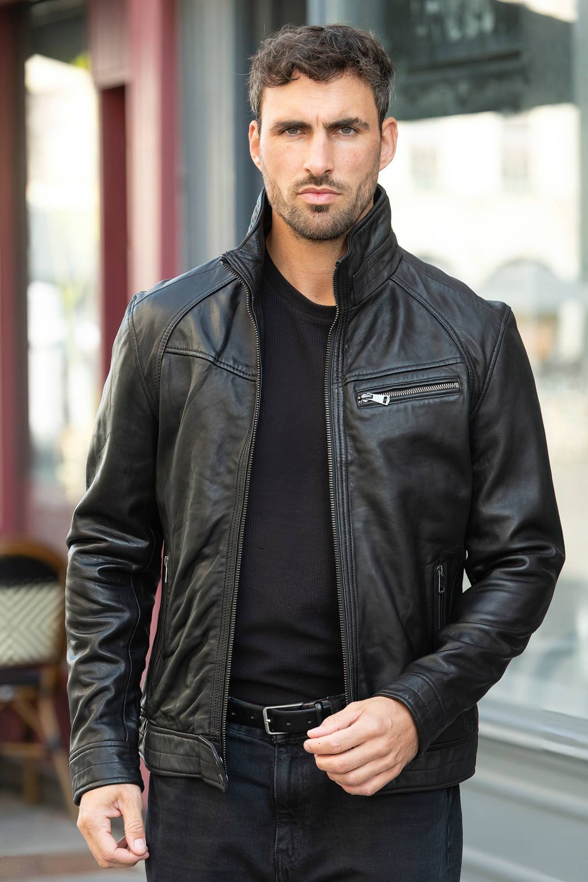 Black leather jacket with stand-up collar - Image n°6