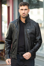 Black leather jacket with stand-up collar - Image n°6