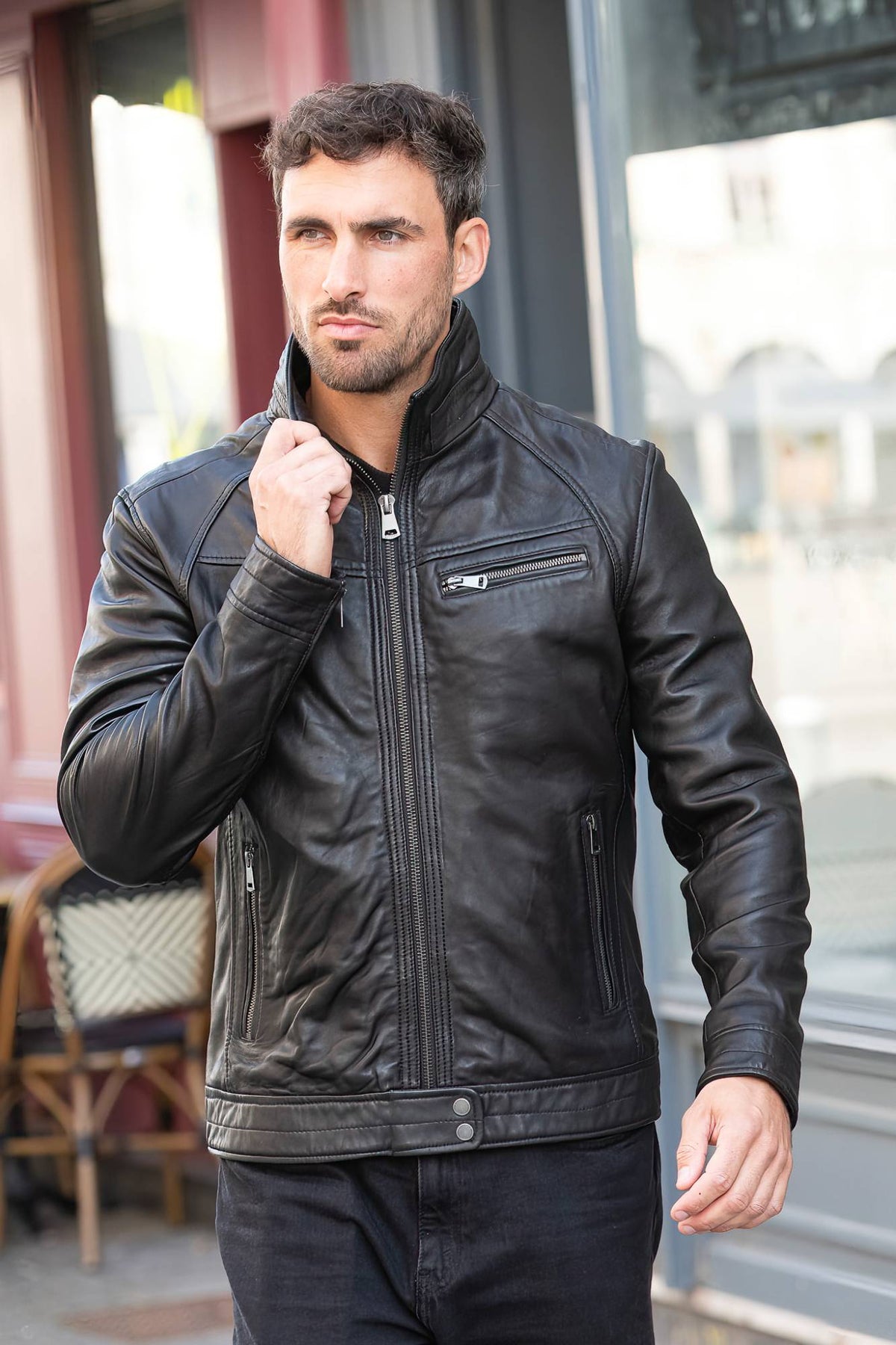 Black leather jacket with stand-up collar - Image n°1