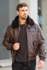 Leather flight jacket with a quilted padded bib in coffee brown - Image n°7