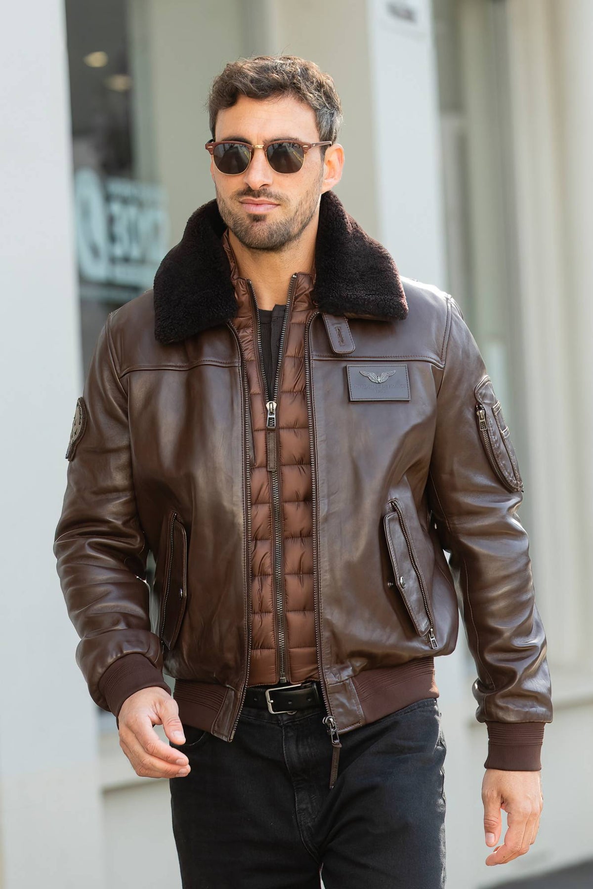 Leather flight jacket with a quilted padded bib in coffee brown - Image n°3