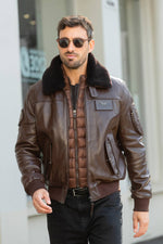 Leather flight jacket with a quilted padded bib in coffee brown - Image n°3