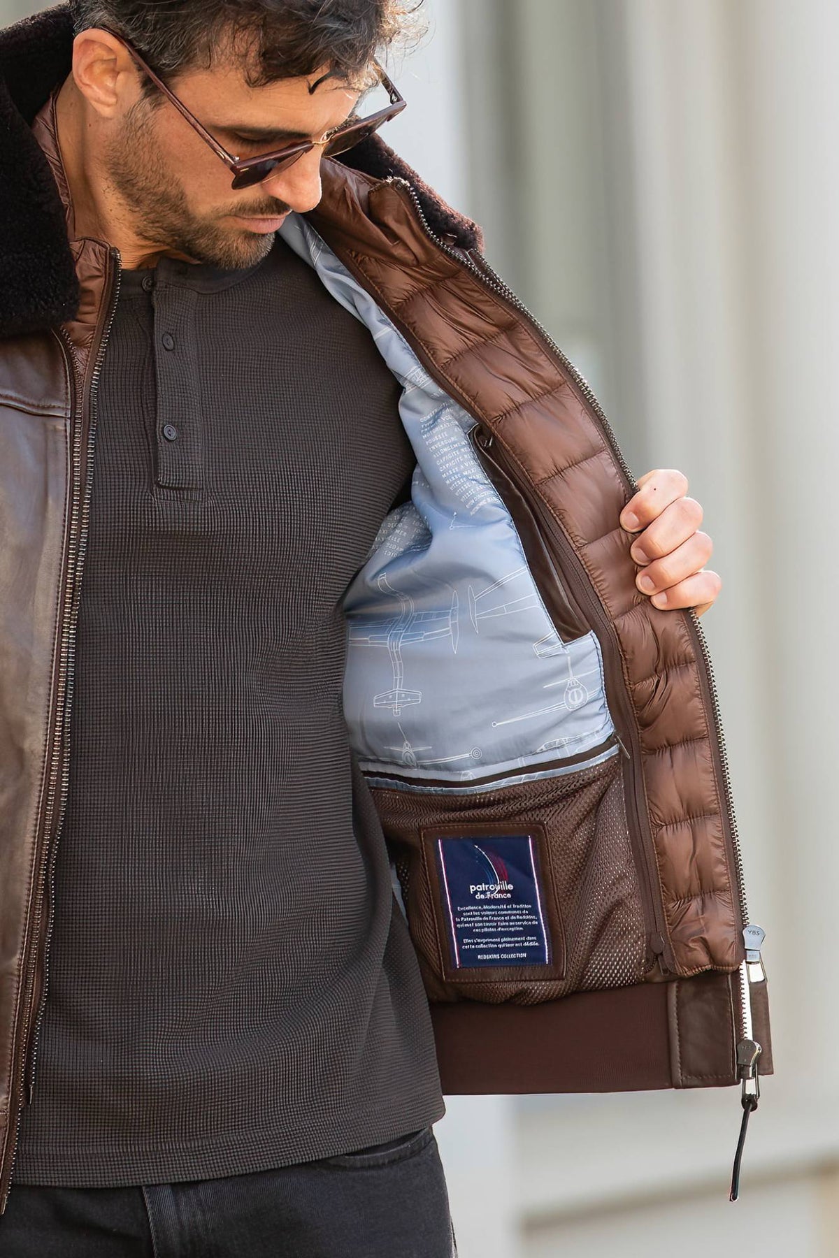 Leather flight jacket with a quilted padded bib in coffee brown - Image n°5