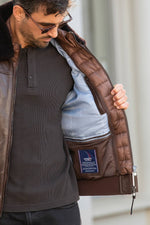 Leather flight jacket with a quilted padded bib in coffee brown - Image n°5