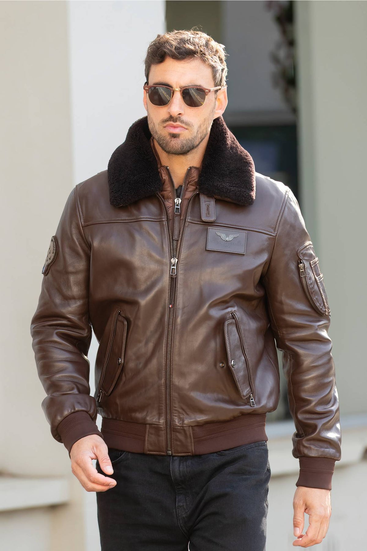 Leather flight jacket with a quilted padded bib in coffee brown - Image n°1