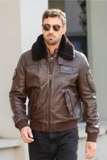 Leather flight jacket with a quilted padded bib in coffee brown - Image n°1