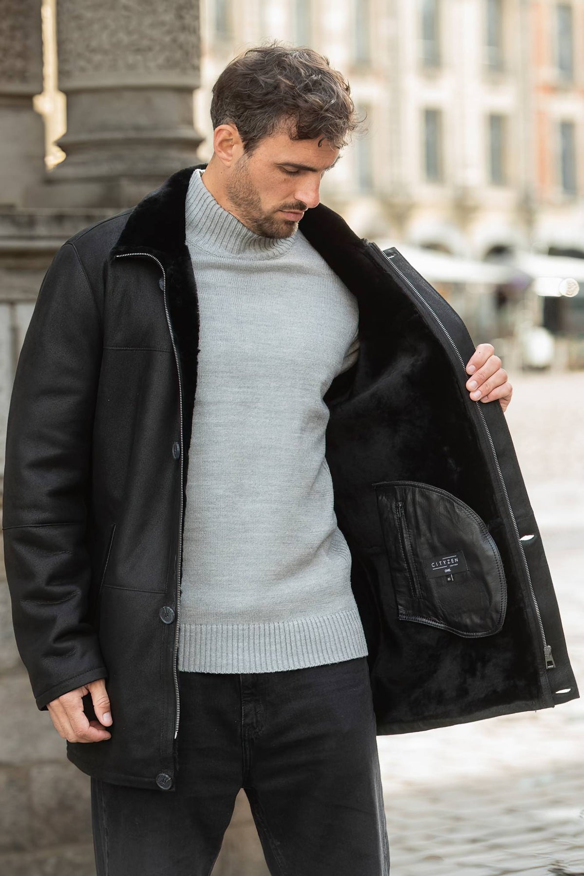 Black long shearling leather coat - Image n°5