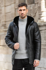 Black hooded long coat in shearling leather - Image n°4