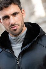 Black hooded long coat in shearling leather - Image n°3