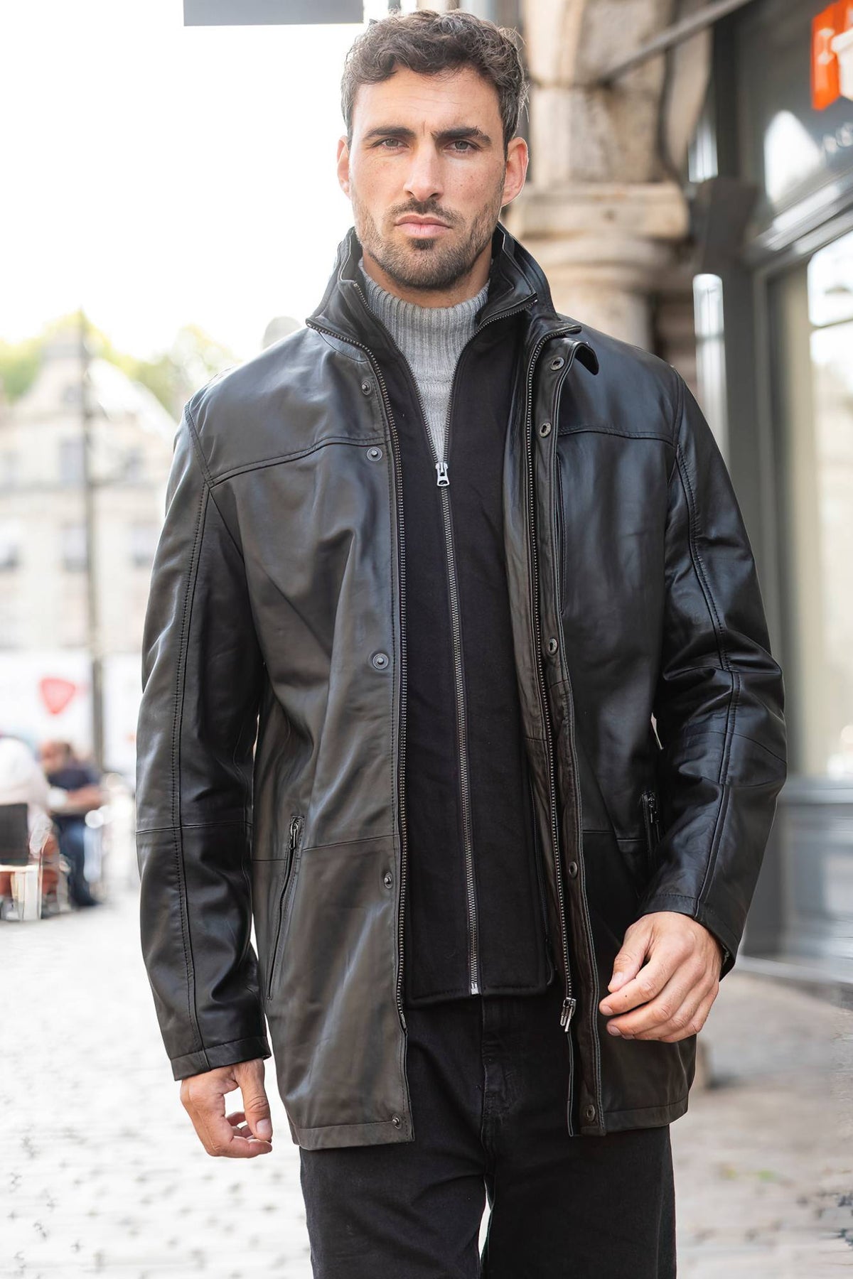 Black leather coat with removable cotton facing - Image n°3
