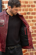 Dark red leather biker jacket, vintage racing style - Image n°6