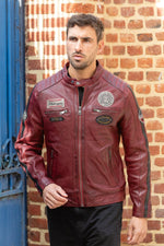 Dark red leather biker jacket, vintage racing style - Image n°3