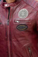 Dark red leather biker jacket, vintage racing style - Image n°2