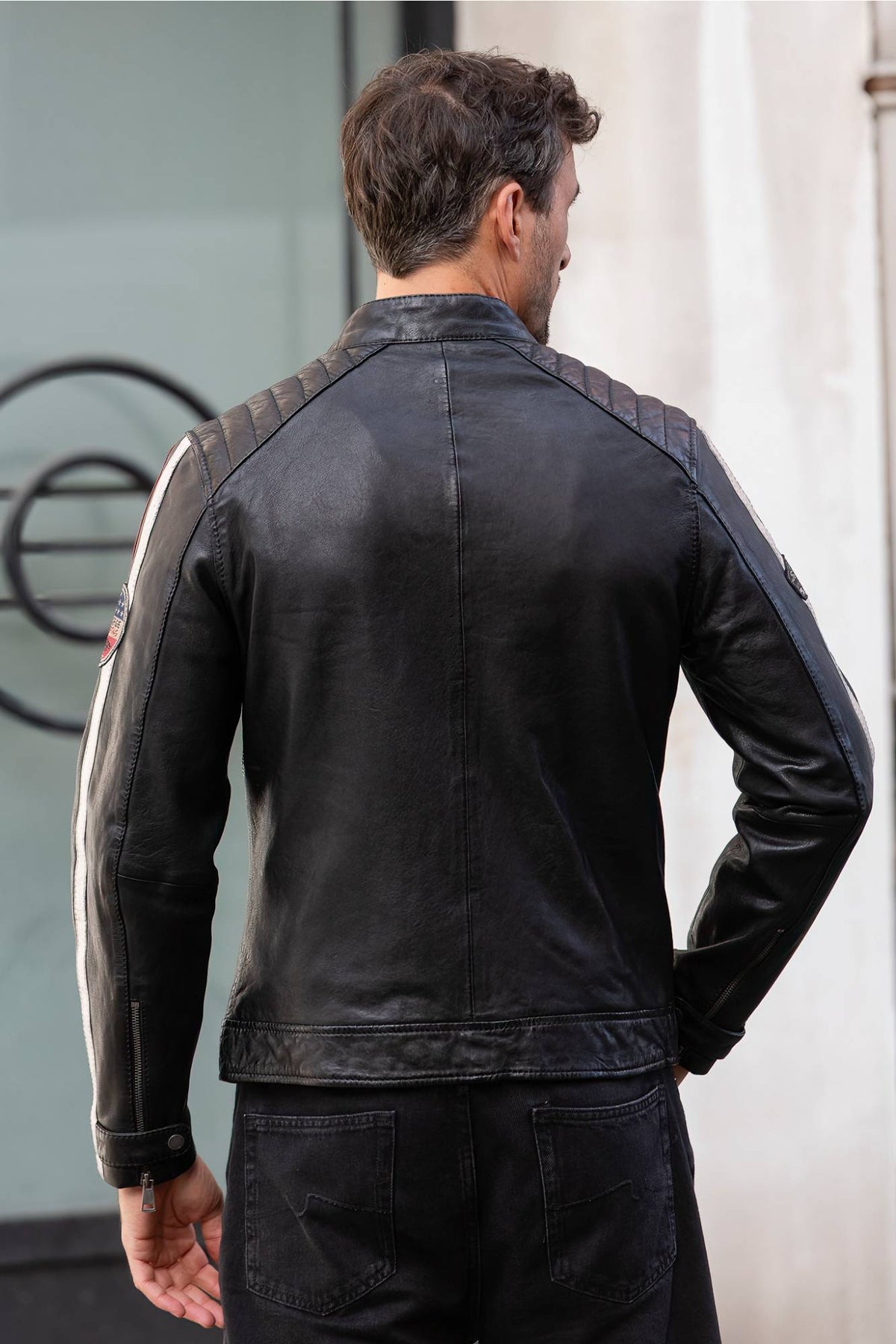 Vintage-style black sheepskin leather biker jacket - Image n°4