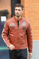 Orange sheepskin leather biker jacket - Image n°1