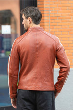 Orange sheepskin leather biker jacket - Image n°5