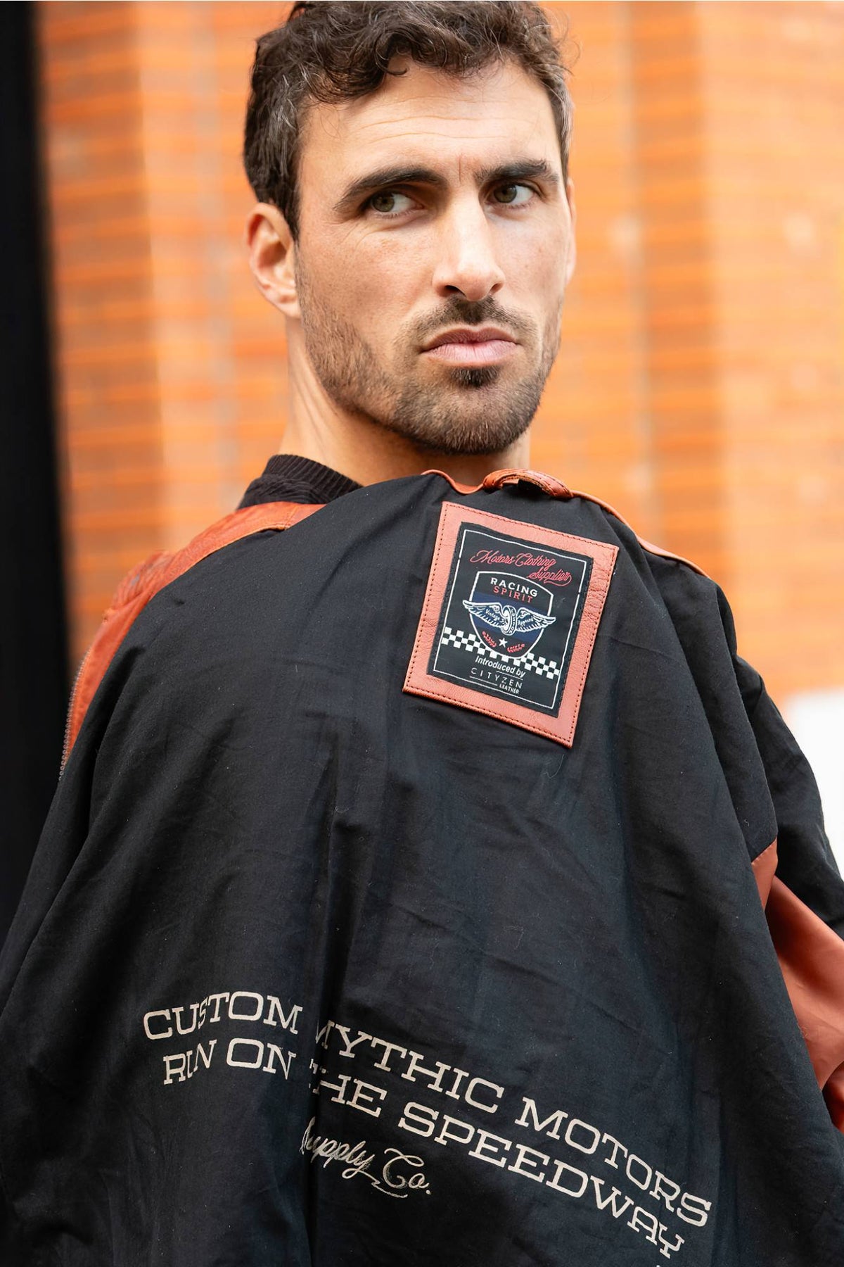 Orange sheepskin leather biker jacket - Image n°6