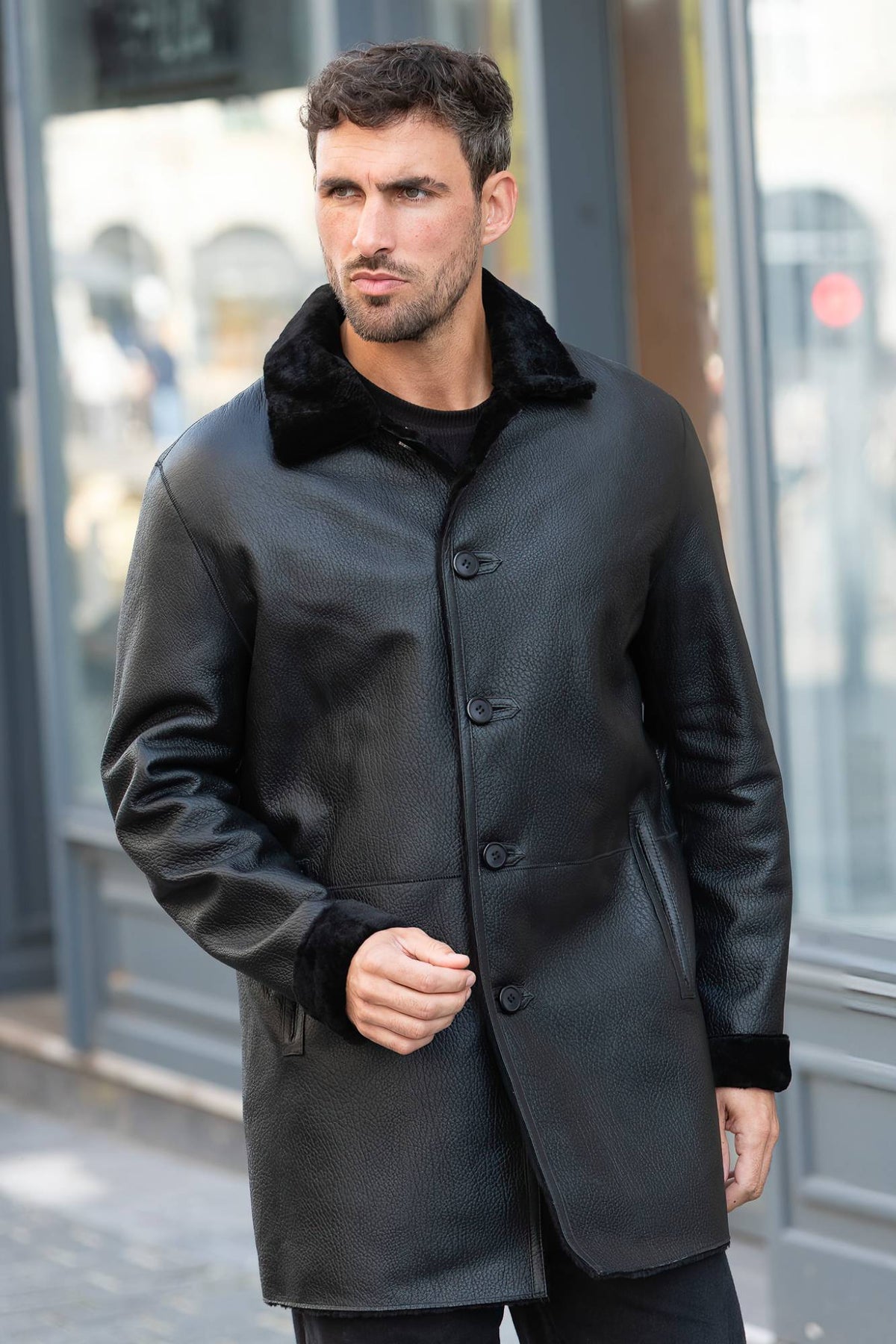 Black long shearling leather coat - Image n°1