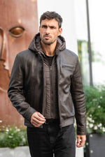 Brown round-neck leather jacket with removable polyester hood - Image n°1