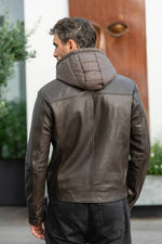 Brown round-neck leather jacket with removable polyester hood - Image n°4