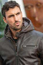 Brown round-neck leather jacket with removable polyester hood - Image n°3