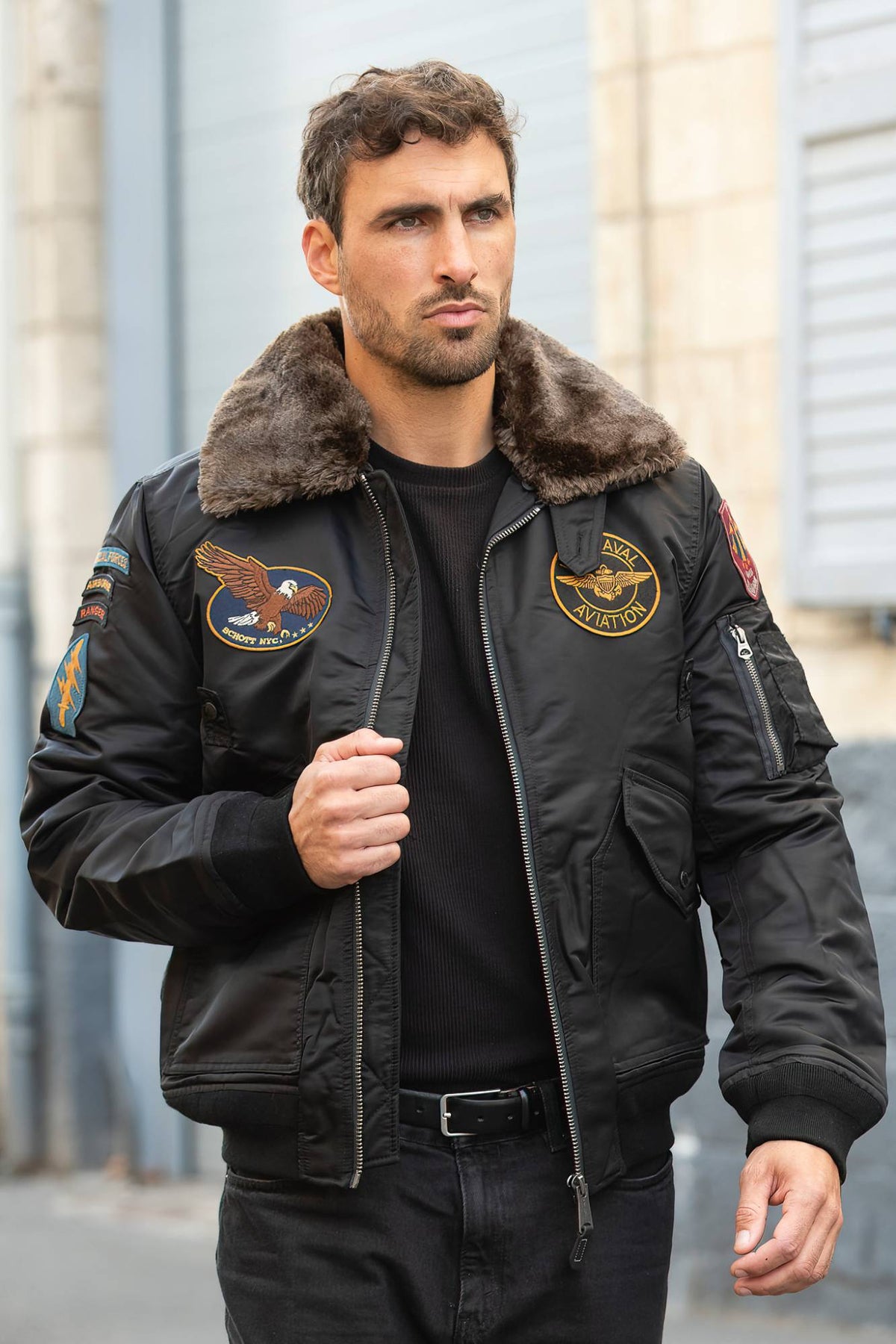 Black recycled nylon pilot jacket with patches - Image n°1