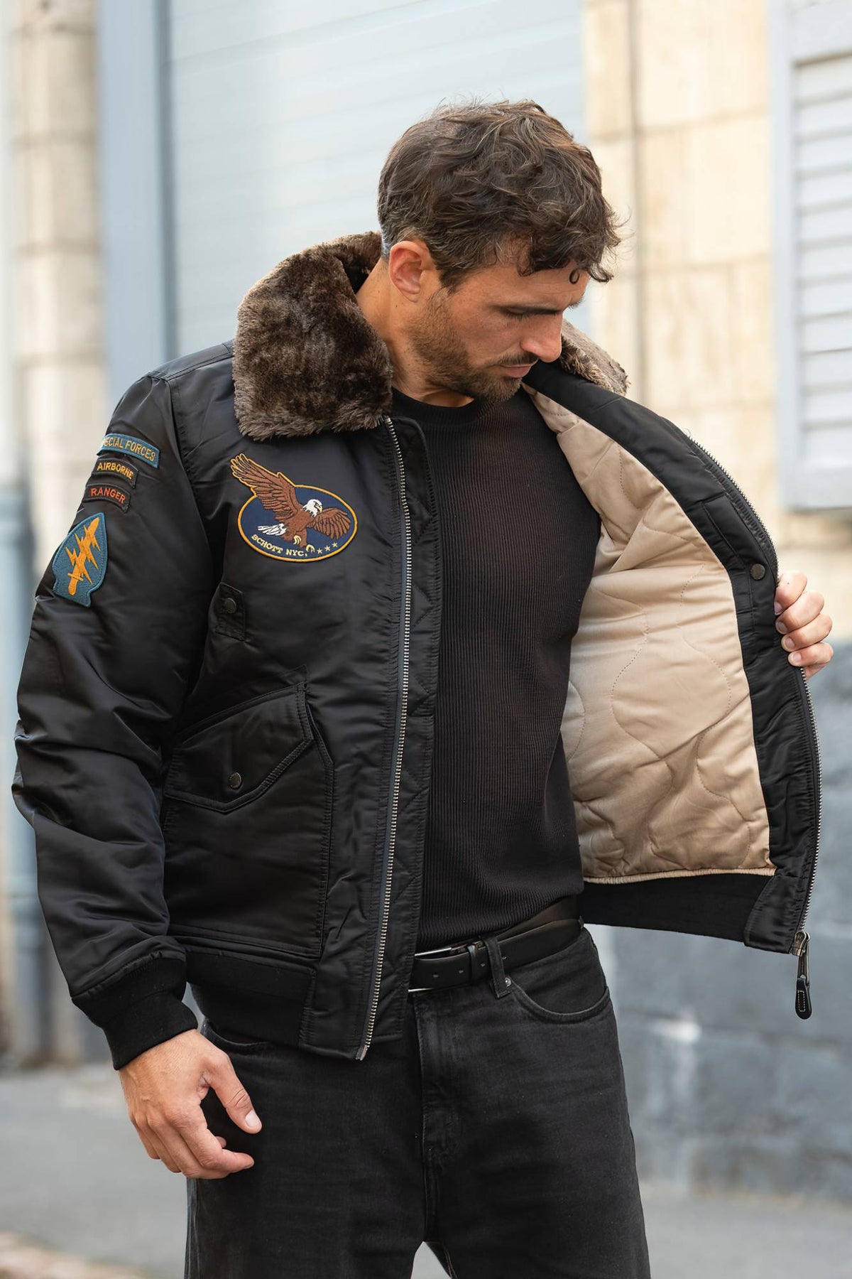 Black recycled nylon pilot jacket with patches - Image n°9