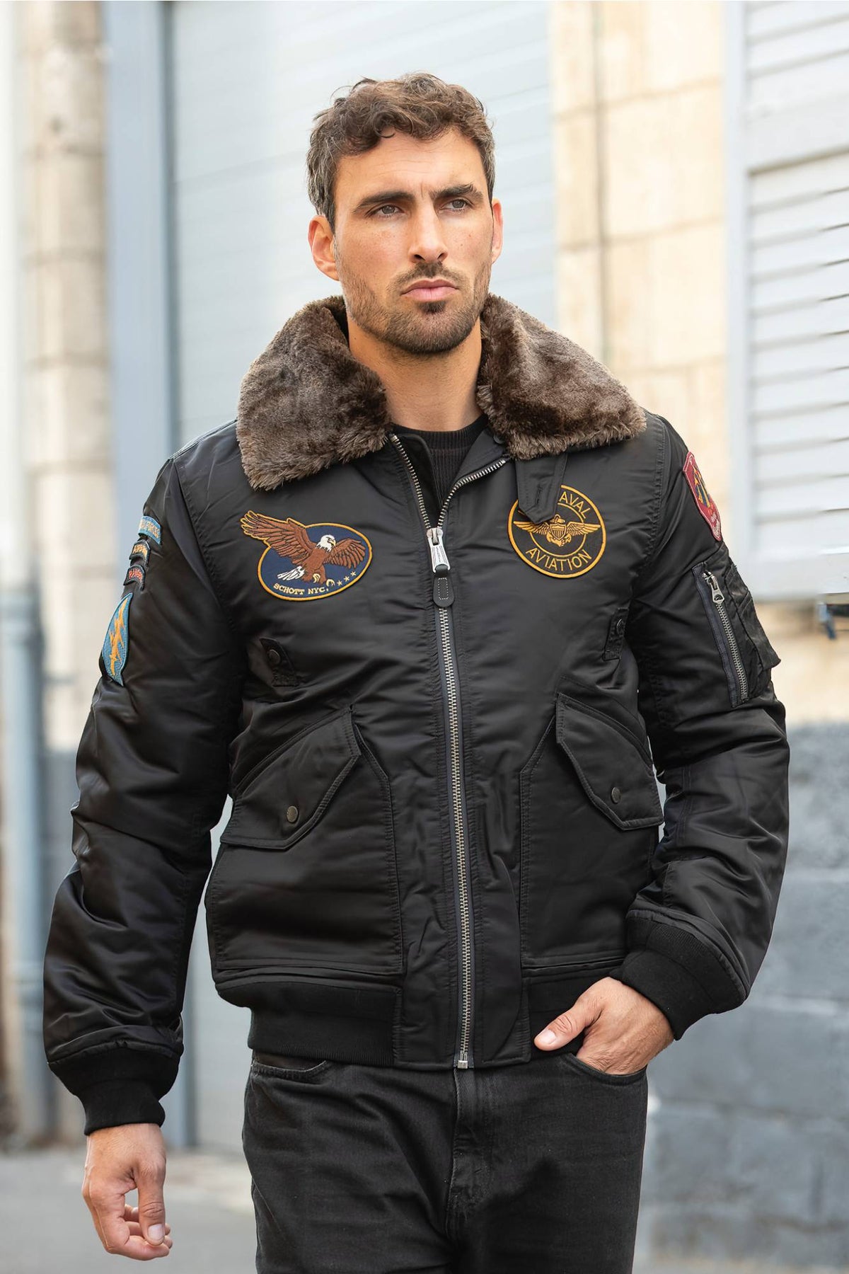 Black recycled nylon pilot jacket with patches - Image n°5