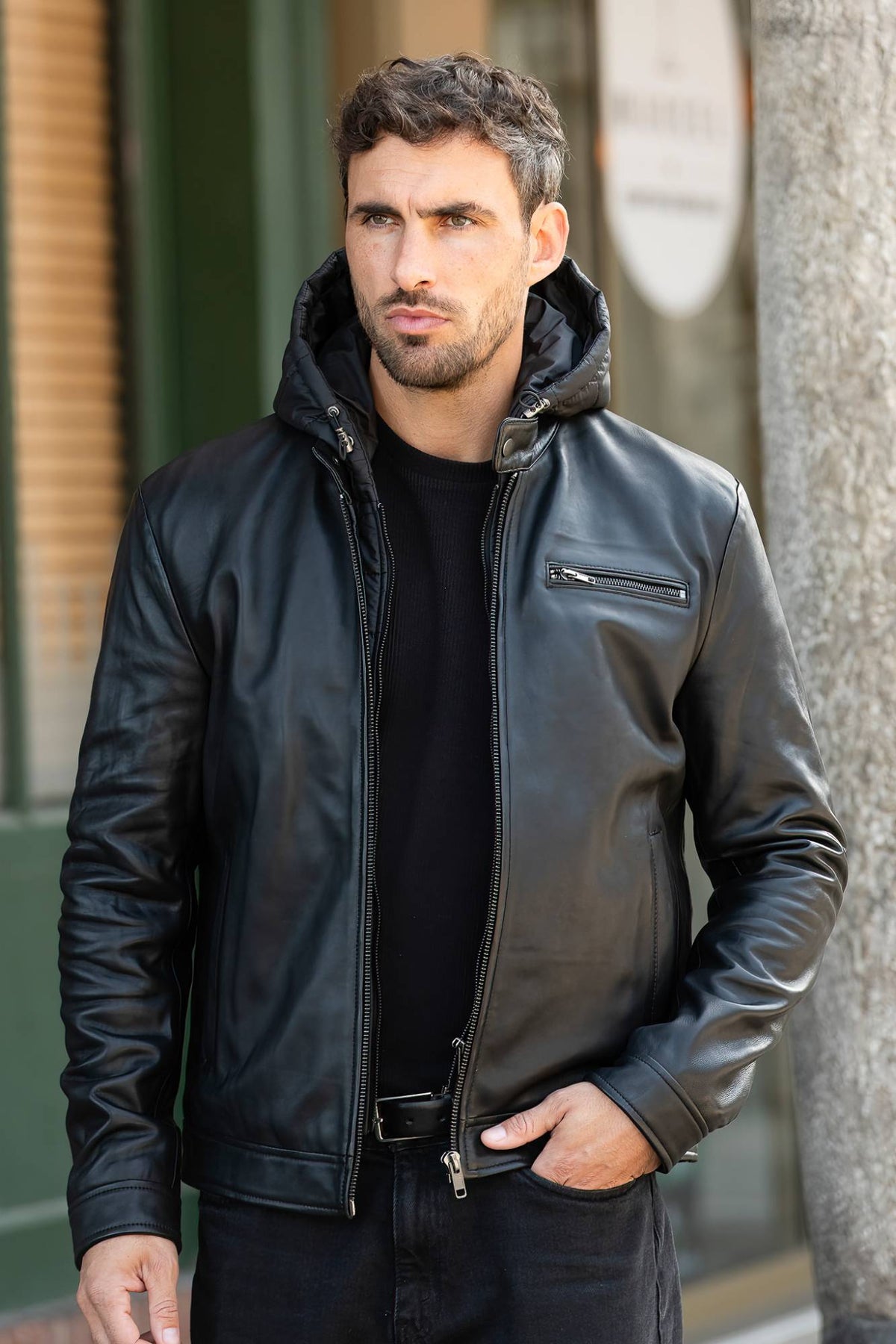 Black leather jacket with round collar and removable hood - Image n°6