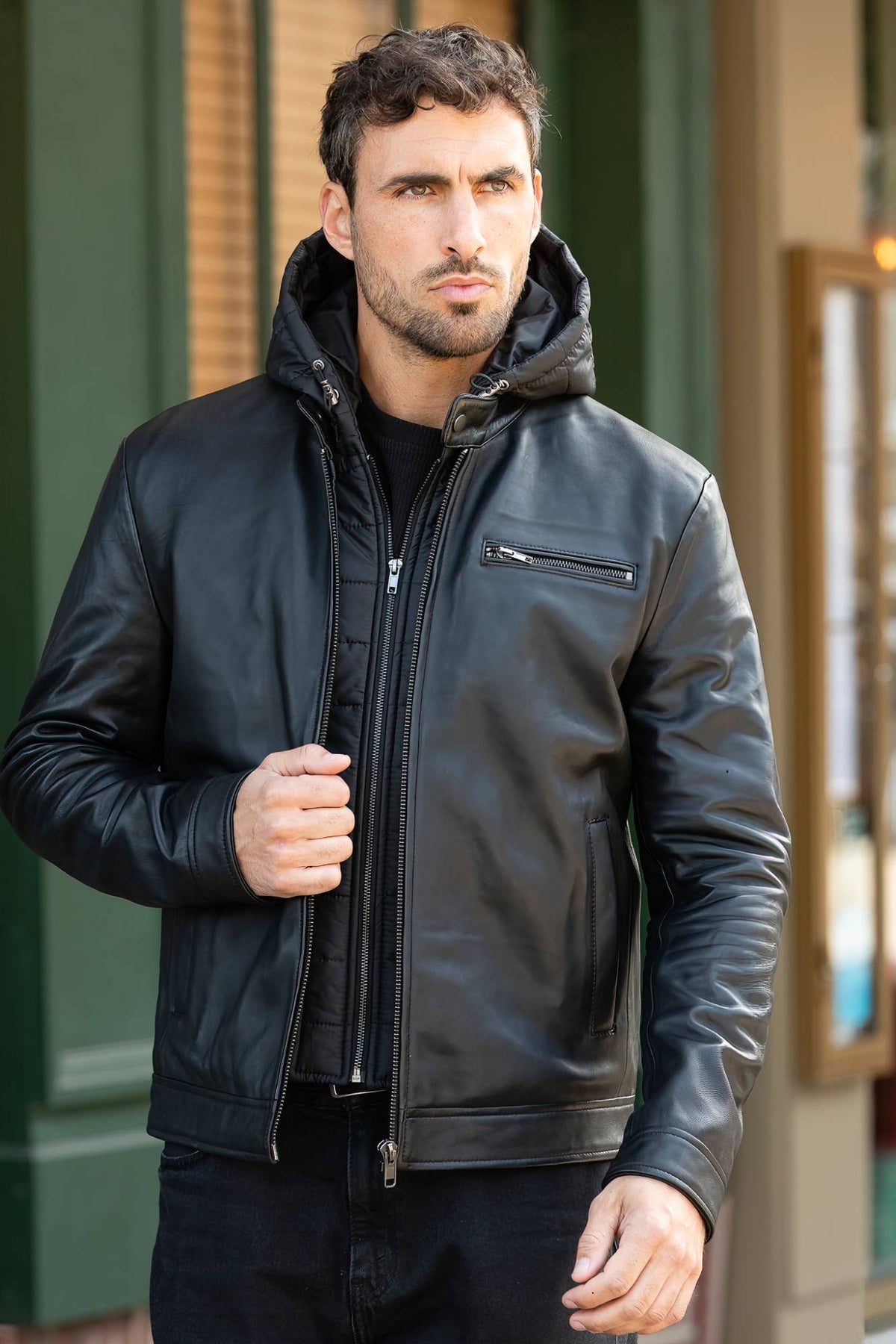 Black leather jacket with round collar and removable hood - Image n°1