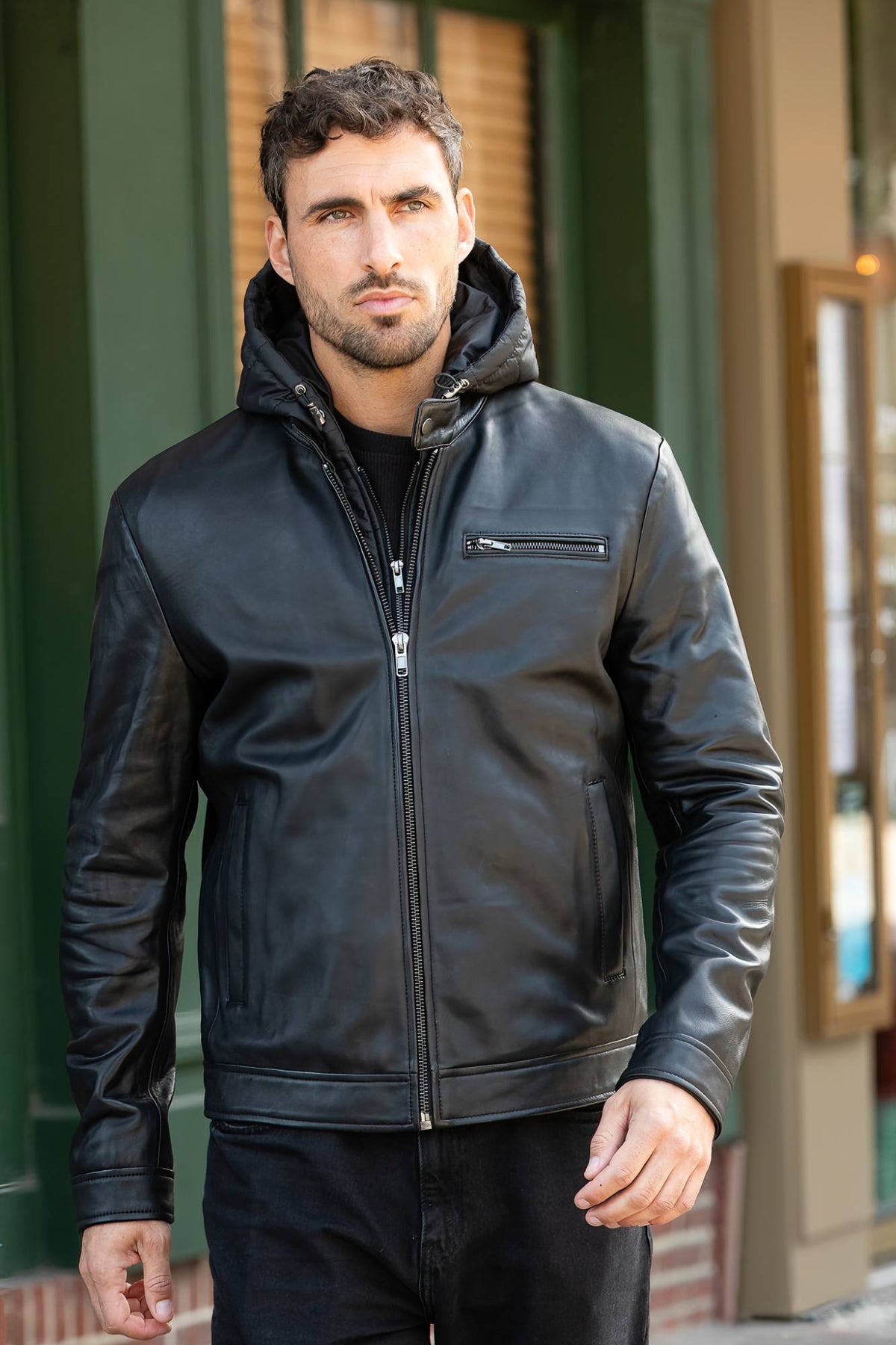 Black leather jacket with round collar and removable hood - Image n°3