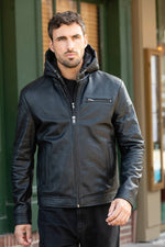 Black leather jacket with round collar and removable hood - Image n°3