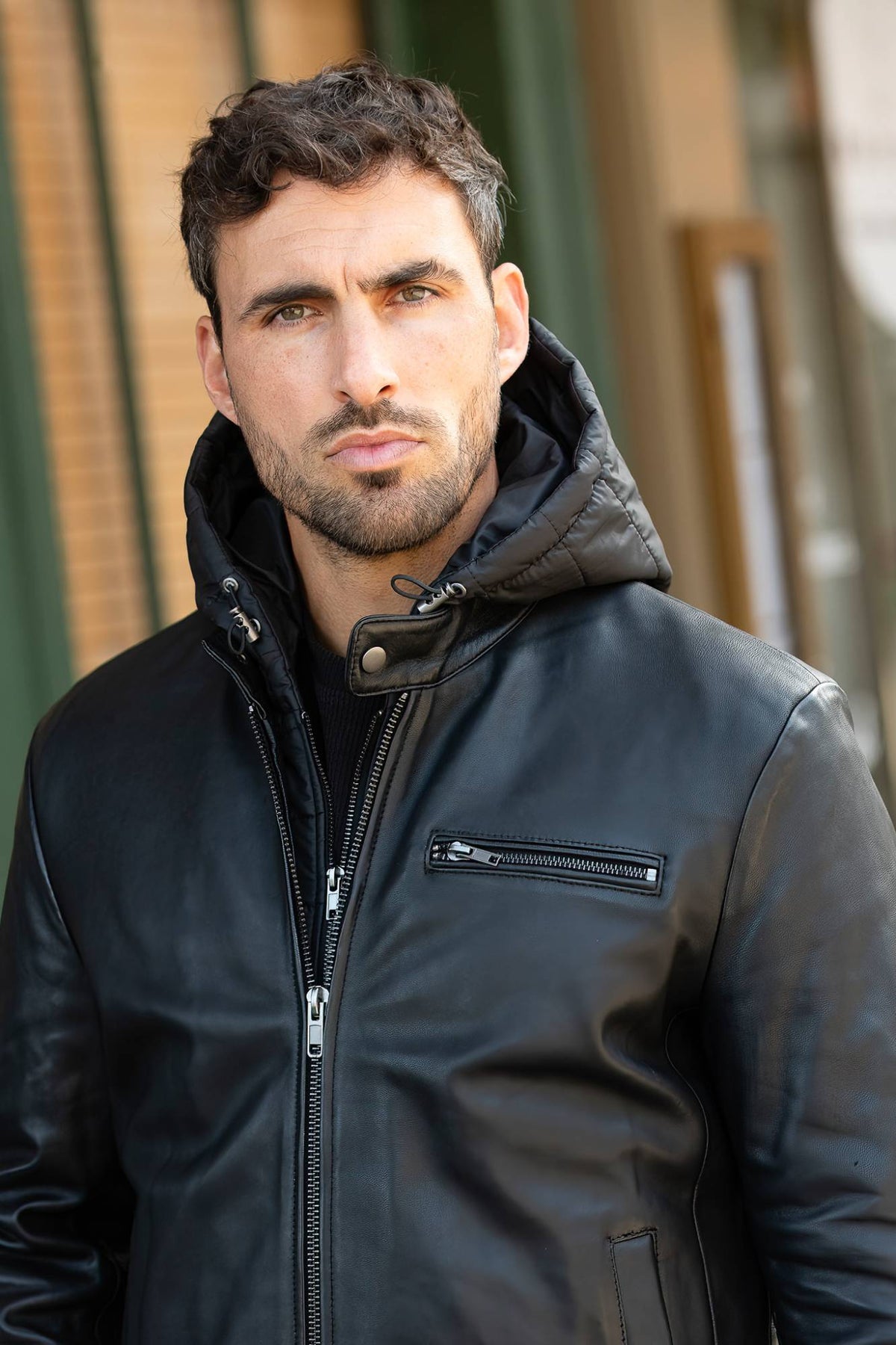 Black leather jacket with round collar and removable hood - Image n°2