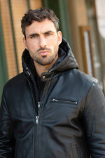 Black leather jacket with round collar and removable hood - Image n°2